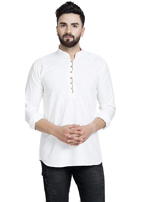 Off White Solid Art Silk Short Kurta For Men