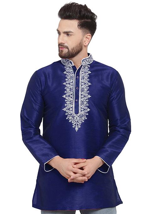 Blue Solid Art Silk Short Kurta For Men