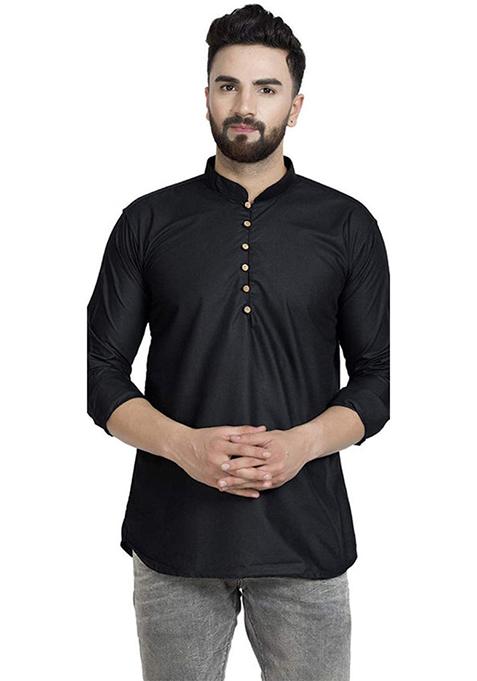 Black Solid Art Silk Short Kurta For Men