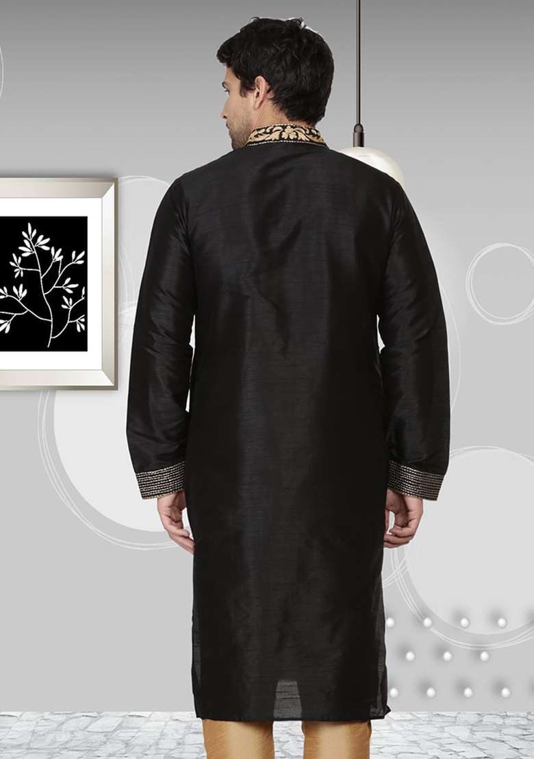 Black Solid Art Silk Blend Kurta Set For Men - Indya