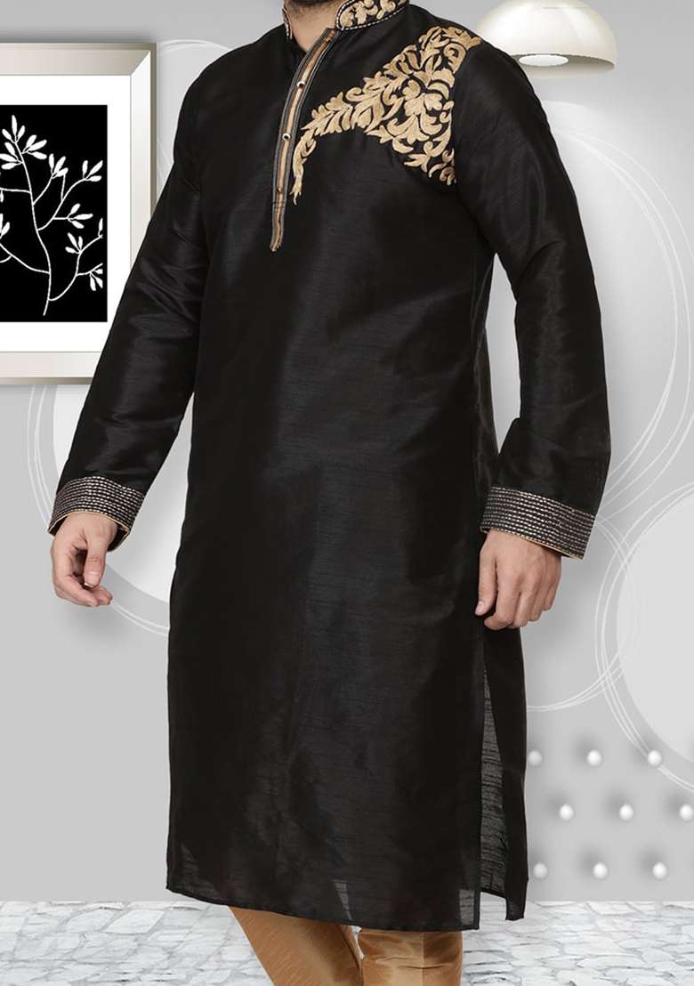 Black Solid Art Silk Blend Kurta Set For Men - Indya