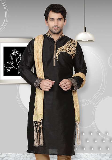 Black Solid Art Silk Blend Kurta Set For Men