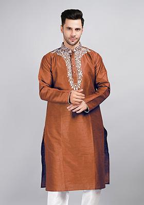 Brown Solid Art Silk Kurta Set For Men
