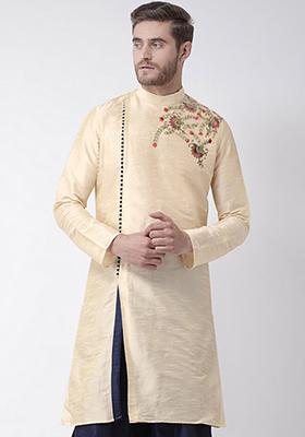 Fawn Orange Solid Art Silk Kurta Set For Men