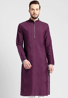 Wine Solid Art Silk Kurta Set For Men