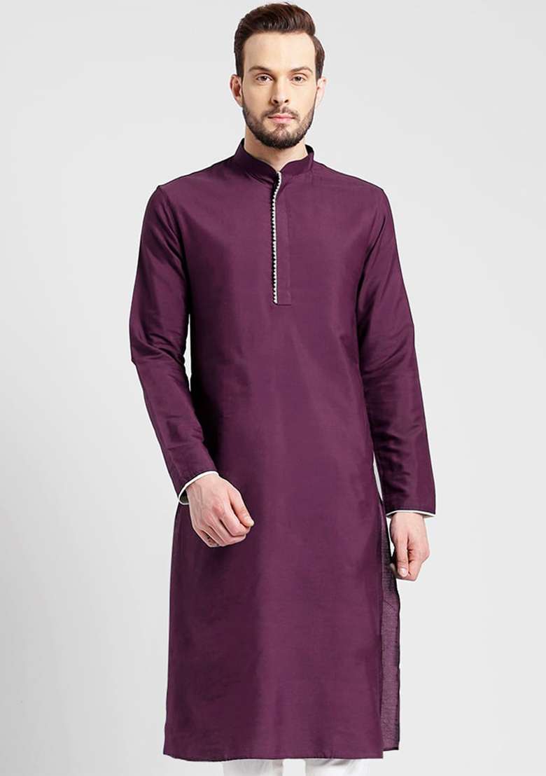 Wine Solid Art Silk Blend Kurta Set For Men - Indya