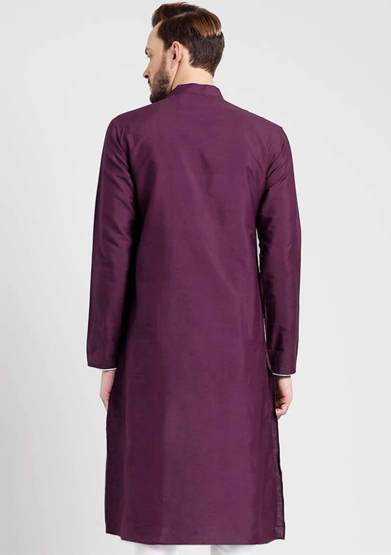 Wine Solid Art Silk Blend Kurta Set For Men - Indya