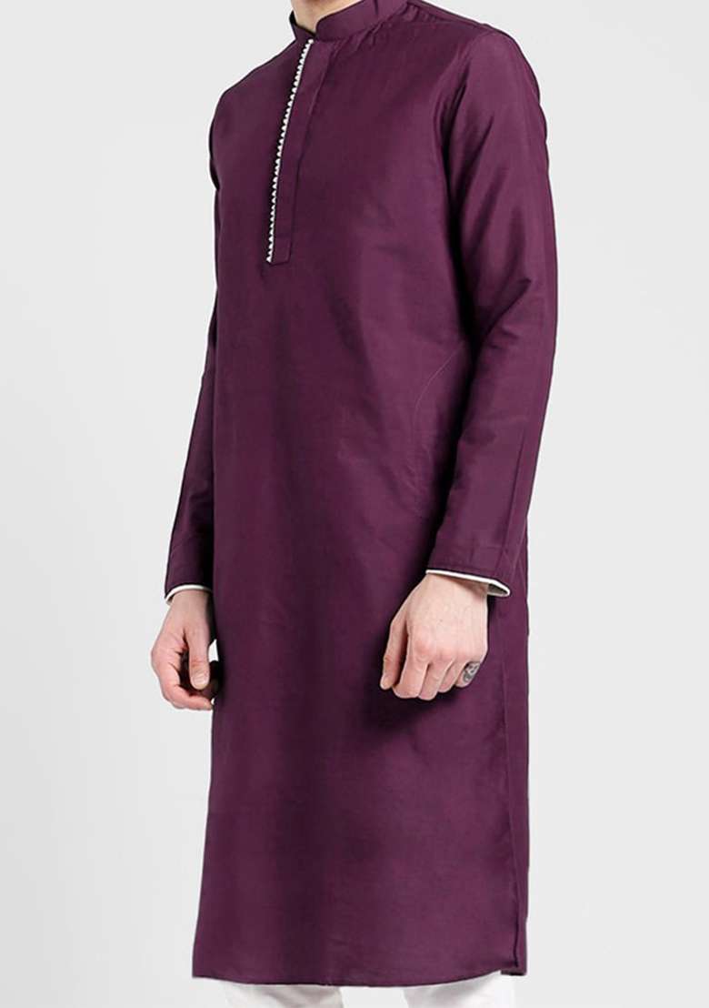 Wine Solid Art Silk Blend Kurta Set For Men - Indya