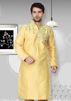Yellow Solid Art Silk Kurta Set For Men