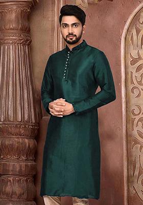 Green Solid Art Silk Kurta Set For Men