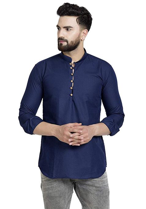 Blue Solid Art Silk Short Kurta For Men