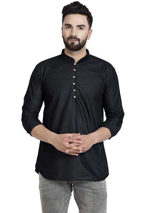 Black Solid Art Silk Short Kurta For Men