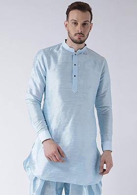 Sky Blue Solid Art Silk Kurta Set For Men