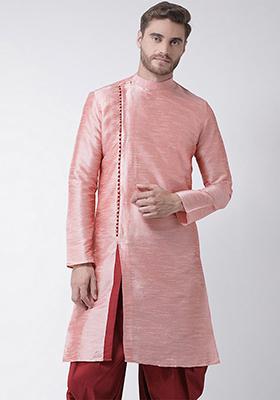Pink Solid Art Silk Indo Western Sherwani Set For Men