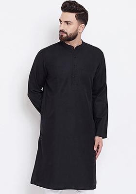 Black Solid Cotton Kurta Set For Men