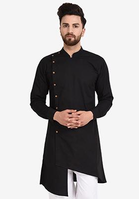 Black Solid Cotton Indo Western Sherwani Set For Men