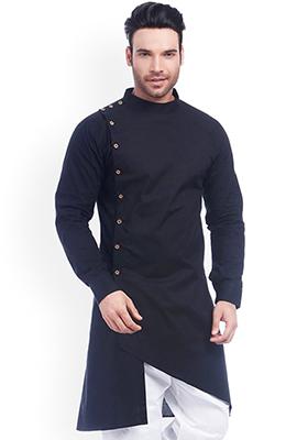 Blue Solid Cotton Indo Western Sherwani Set For Men