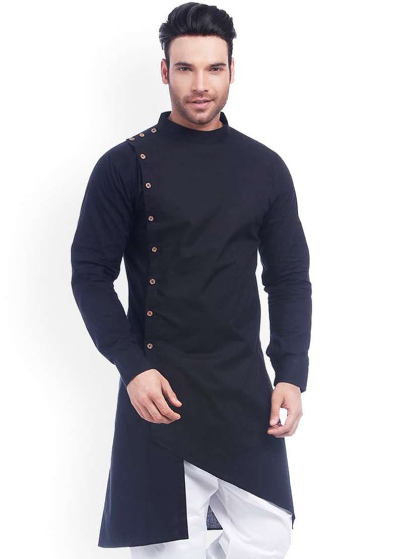 Blue Solid Cotton Indo Western Sherwani Set For Men - Indya