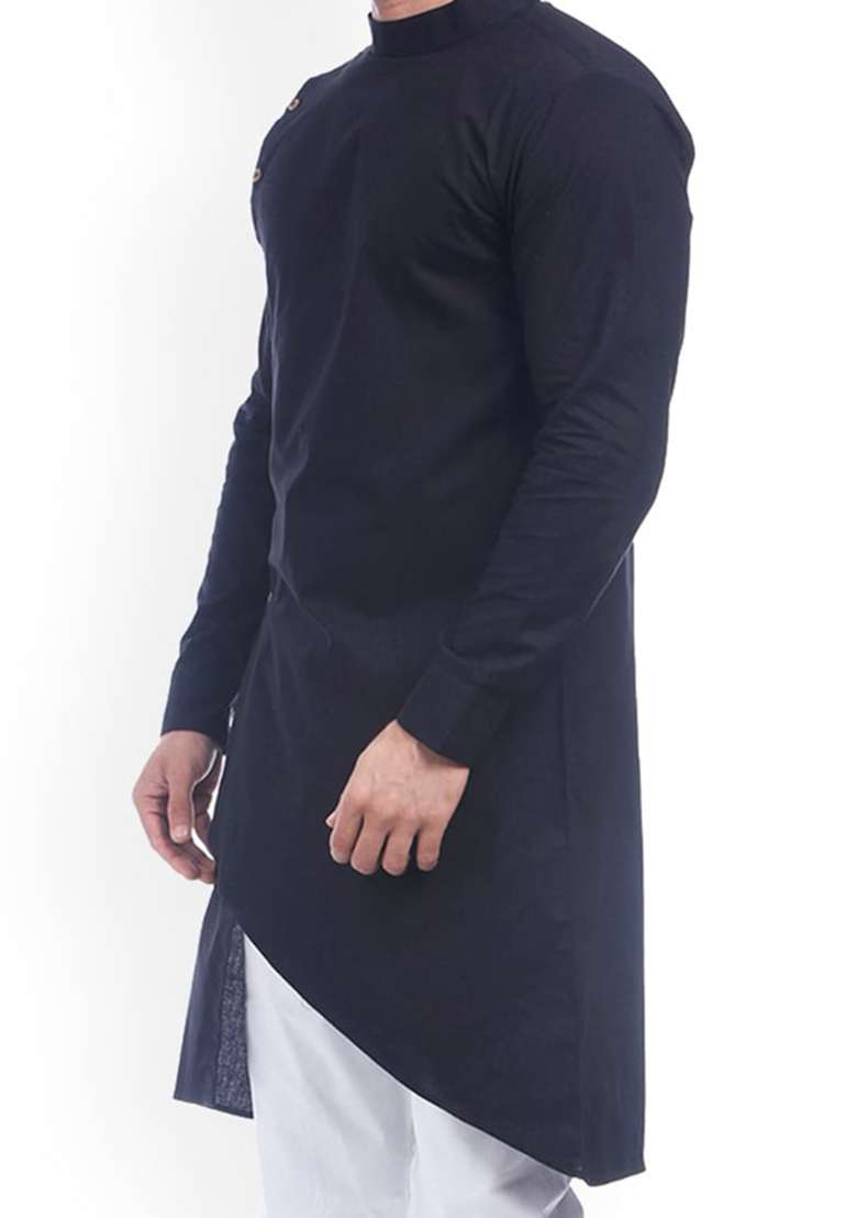 Blue Solid Cotton Indo Western Sherwani Set For Men - Indya