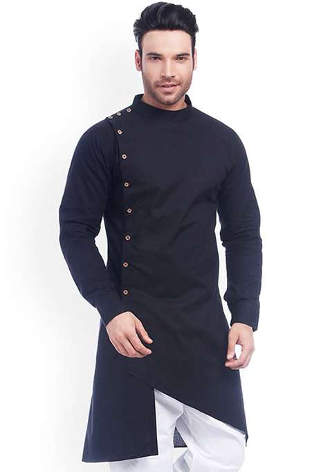 Blue Solid Cotton Indo Western Sherwani Set For Men