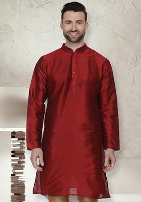 Red Solid Art Silk Blend Kurta Set For Men