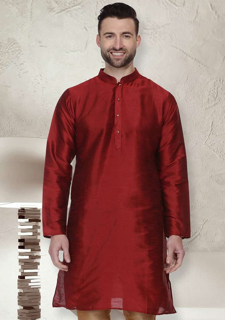 Red Solid Art Silk Blend Kurta Set For Men - Indya