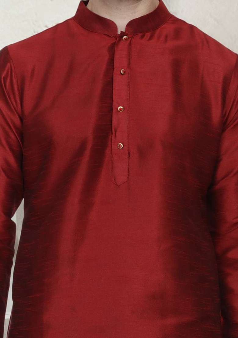 Red Solid Art Silk Blend Kurta Set For Men - Indya