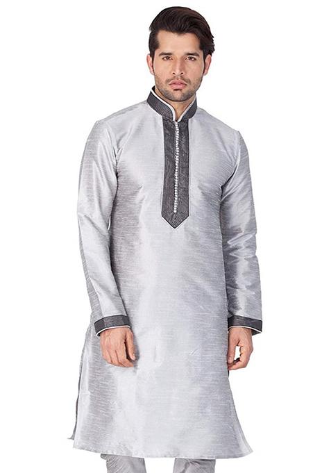 Grey Solid Art Silk Kurta Set For Men