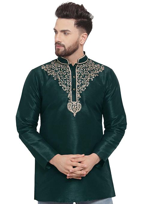 Green Solid Art Silk Short Kurta For Men