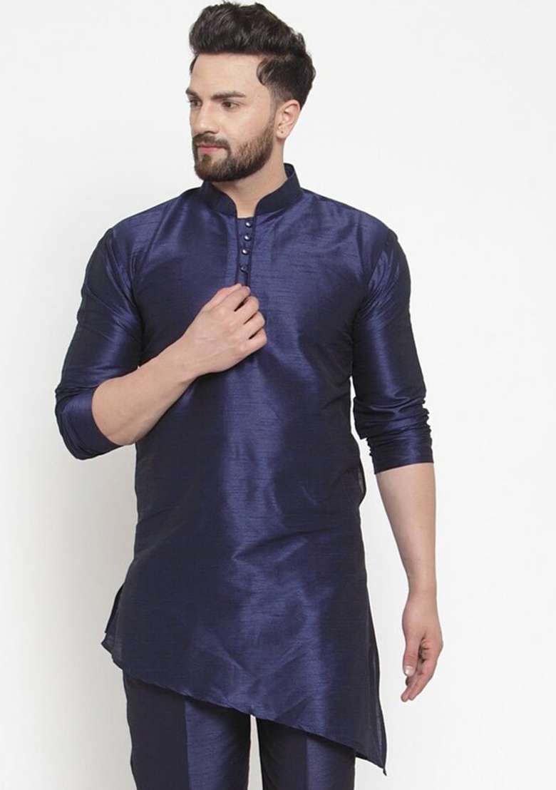 Navy Blue Solid Art Silk Blend Kurta Set For Men - Indya