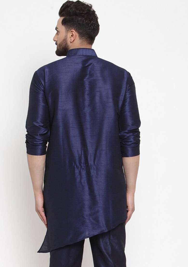 Navy Blue Solid Art Silk Blend Kurta Set For Men - Indya