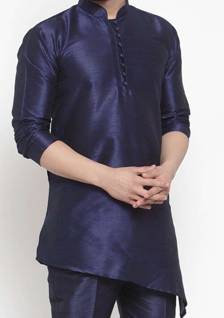 Navy Blue Solid Art Silk Blend Kurta Set For Men - Indya