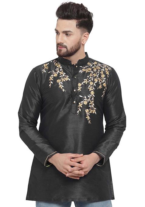 Black Solid Art Silk Short Kurta For Men