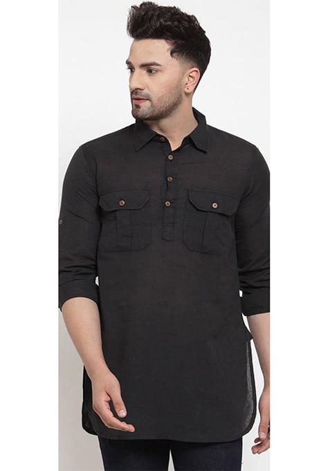 Black Solid Cotton Short Kurta For Men