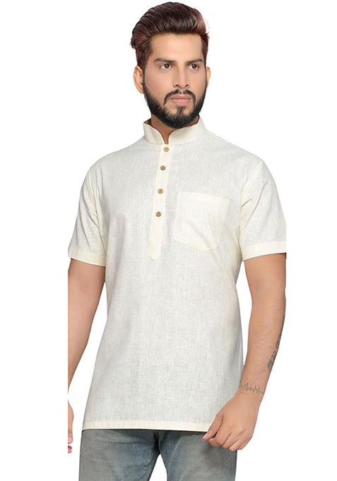 White Solid Cotton Short Kurta For Men