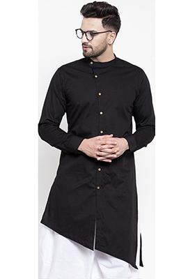 Black Solid Cotton Kurta Set For Men