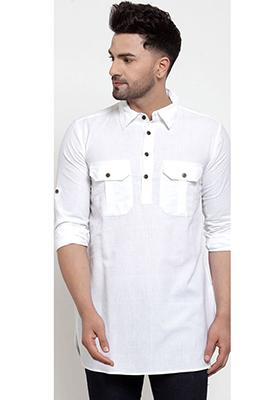 Off White Solid Cotton Pathani Kurta For Men