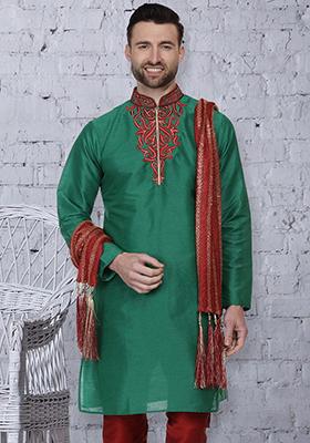 Green Solid Art Silk Kurta Set For Men