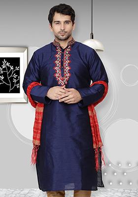 Navy Blue Solid Art Silk Kurta Set For Men
