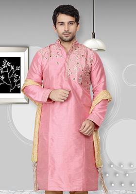 Pink Solid Art Silk Kurta Set For Men