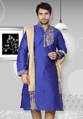 Purple Solid Art Silk Kurta Set For Men