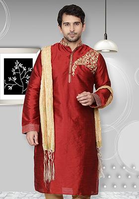 Maroon Solid Art Silk Kurta Set For Men