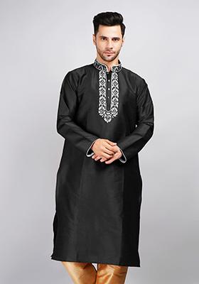 Black Solid Art Silk Kurta Set For Men