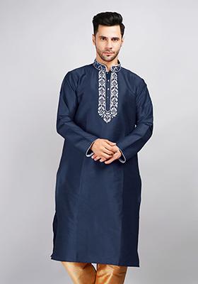 Navy Blue Solid Art Silk Kurta Set For Men