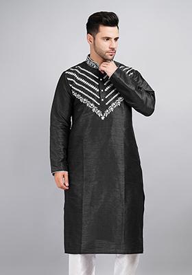 Black Solid Art Silk Kurta Set For Men