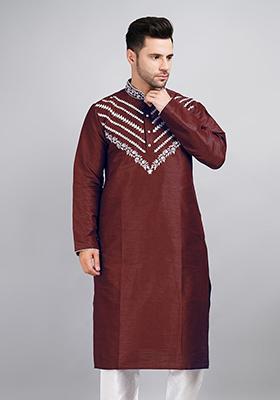 Maroon Solid Art Silk Kurta Set For Men