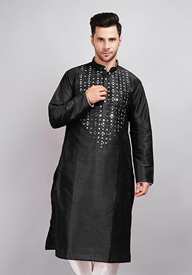 Black Solid Art Silk Kurta Set For Men