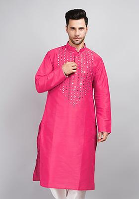 Pink Solid Art Silk Kurta Set For Men