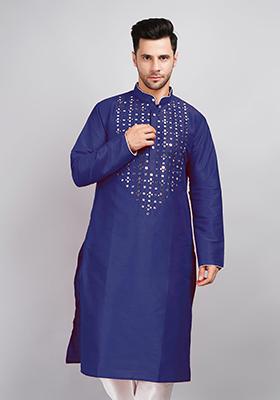 Blue Solid Art Silk Kurta Set For Men