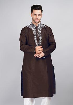 Brown Solid Art Silk Kurta Set For Men